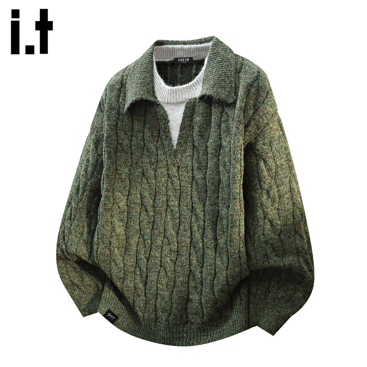 时尚绿色毛衣假两件男士