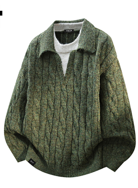 it :5cm/FIVECM时尚绿色毛衣假两件男士秋冬宽松休闲百搭翻领外套
