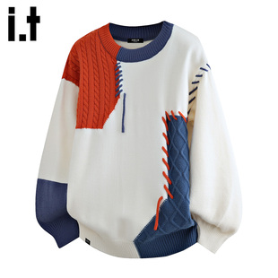 it :5cm/FIVECM设计感拼接撞色圆领内搭毛衣男士2025秋冬宽松上衣