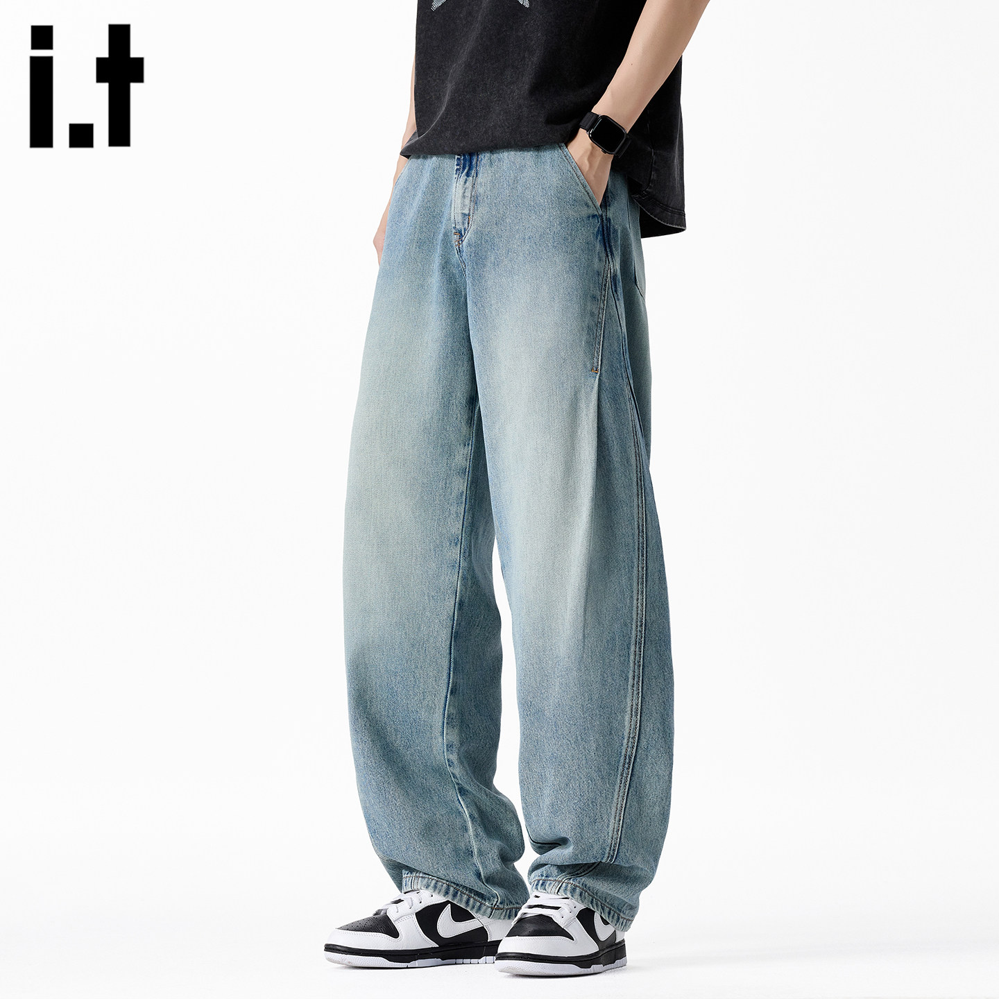 it :5cm/FIVECM美式男女款水洗休闲裤痞帅阔腿长裤复古做旧牛仔裤