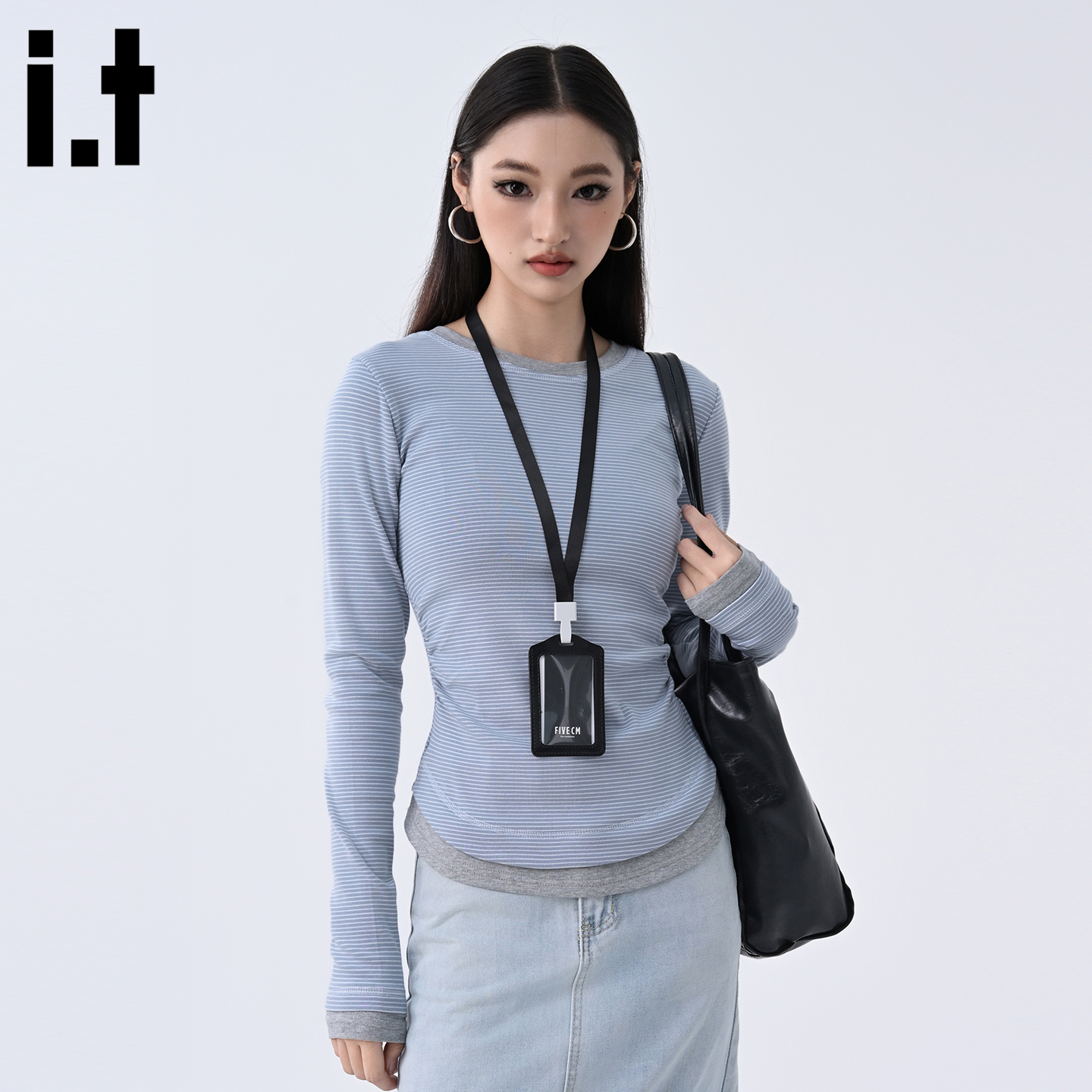 IT'S5cm蓝色条纹拼接长袖T恤