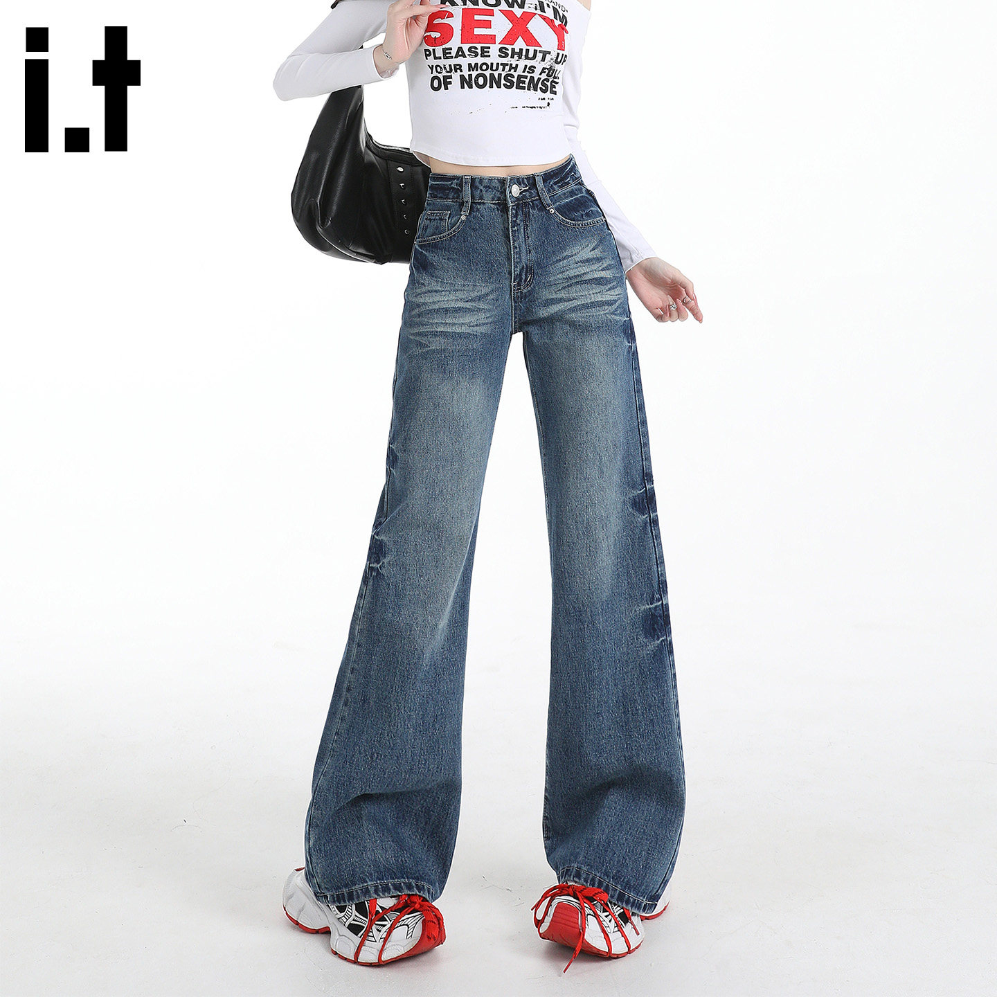 it:5cm/FIVECM复古蓝高腰阔腿牛仔裤女夏薄款宽松显瘦窄版直筒裤Y