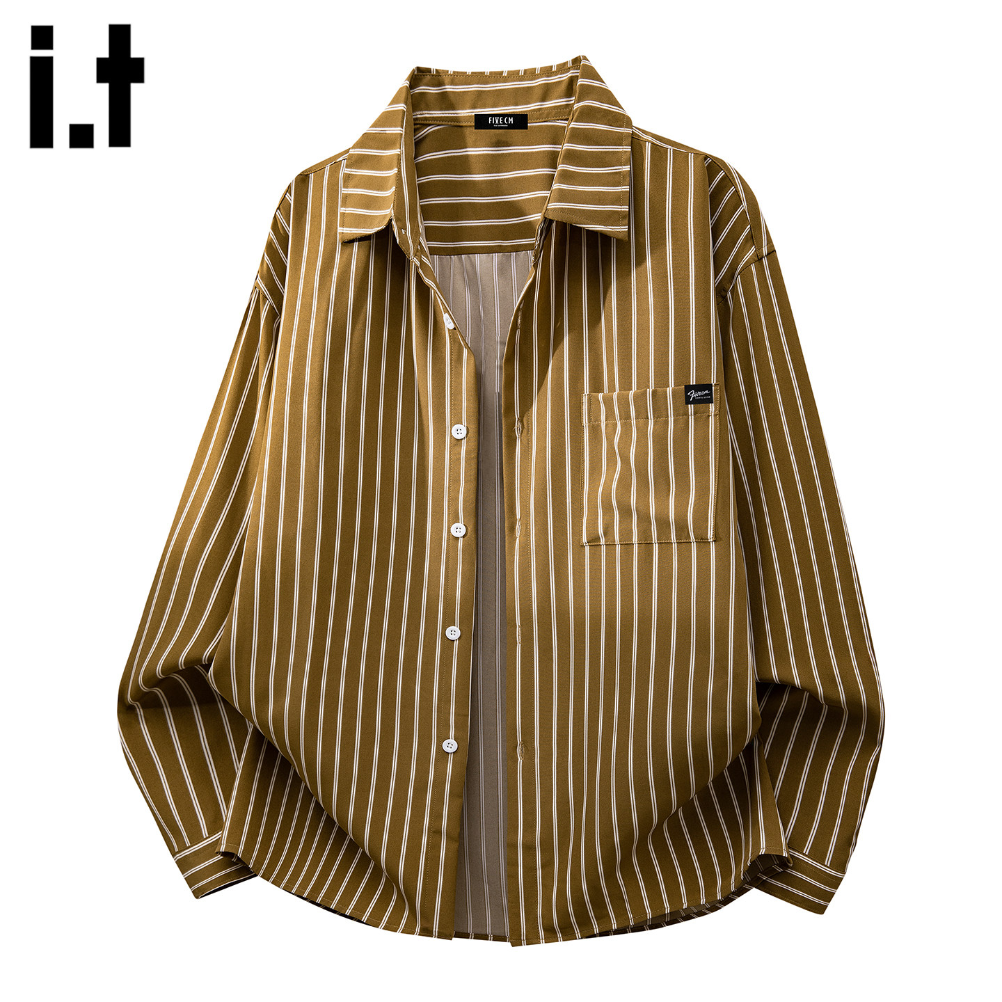 it :5cm/FIVECM春季美式复古条纹长袖衬衫男宽松休闲翻领衬衣外套
