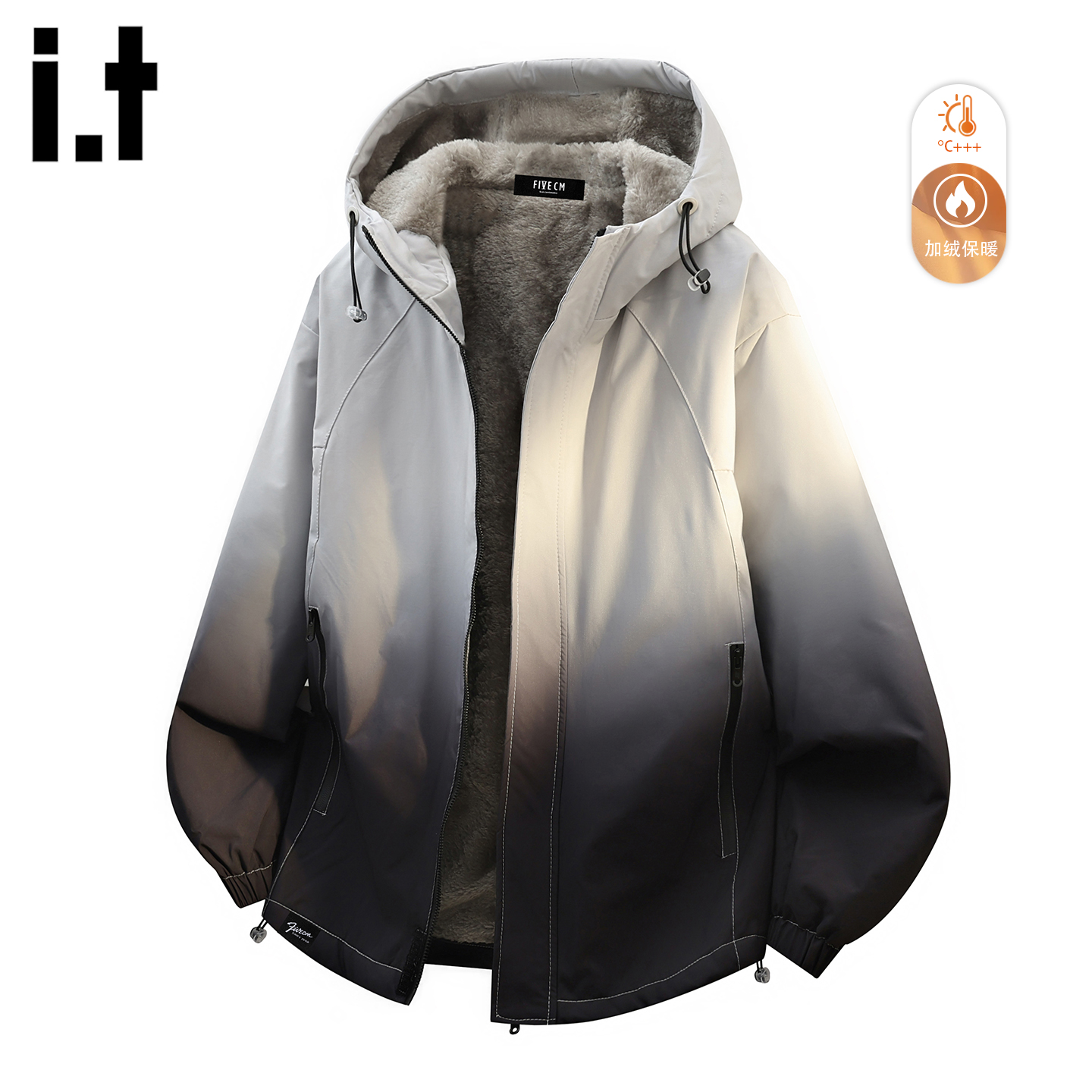 渐变加绒加厚连帽外套男2025冬季