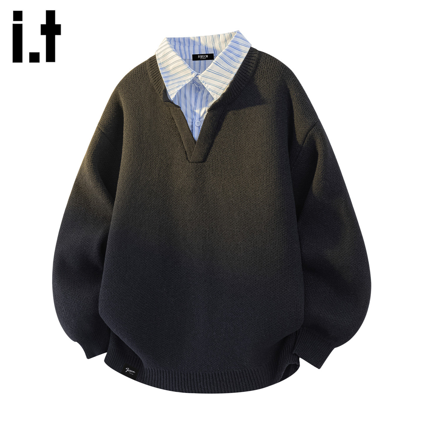 it :5cm/FIVECM拼接假两件衬衫领毛衣男款2025秋冬宽松针织衫上衣