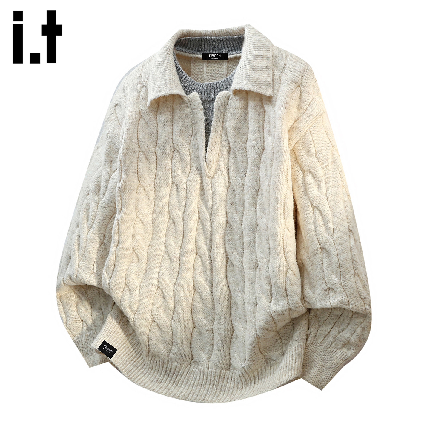 it :5cm/FIVECM白色毛衣假两件男士2025秋冬宽松休闲百搭翻领外套