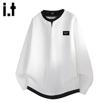 it :5cm/FIVECM白色华夫格圆领拼接卫衣男士2025秋冬宽松休闲上衣