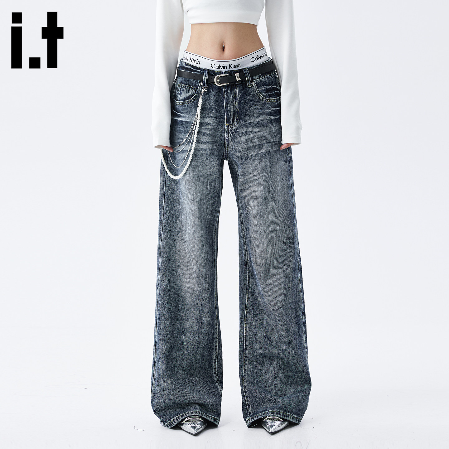 it :5cm/FIVECM美式复古蓝色阔腿牛仔裤女2026新款秋宽松直筒长裤