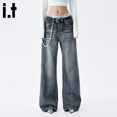 美式复古蓝色阔腿牛仔裤女