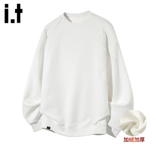 it :5cm/FIVECM白色加绒保暖圆领卫衣男士2025秋冬季保暖内搭上衣