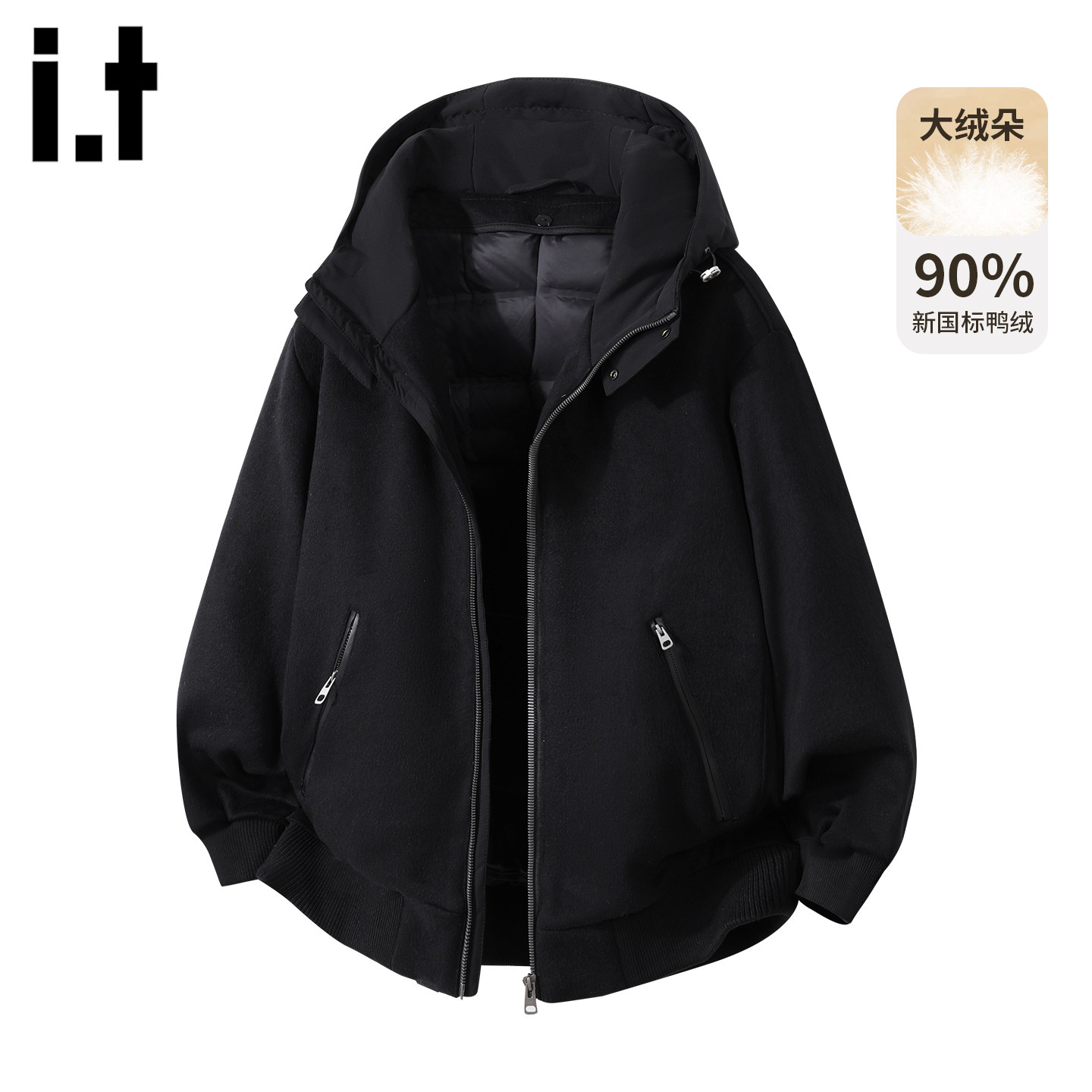 it5cm黑色连帽鸭绒羽绒服