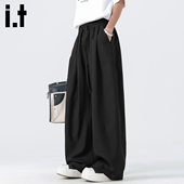 5cm FIVECM黑色褶皱西裤 男老钱风阔腿裤 子垂感直筒弯刀休闲裤