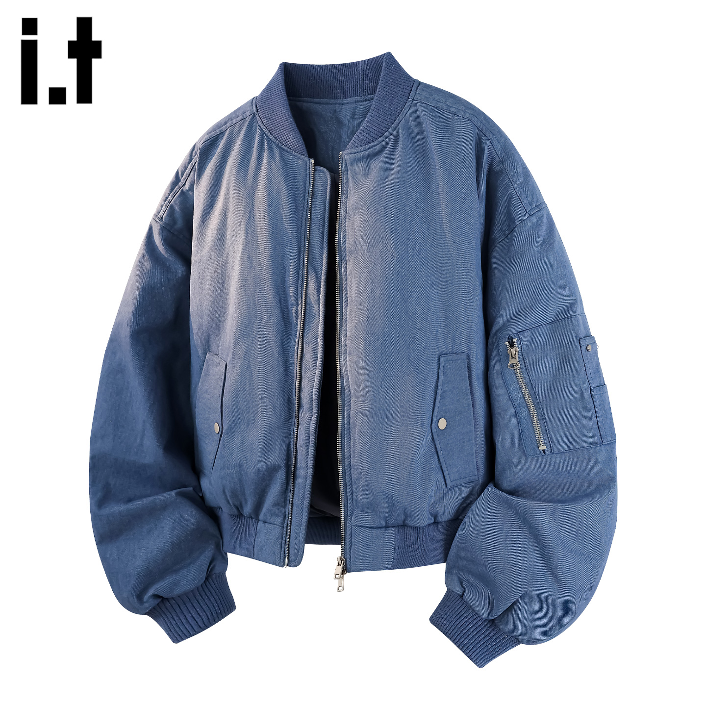 it :5cm/FIVECM蓝色棒球服领短款棉服男女冬情侣加厚保暖棉衣棉袄