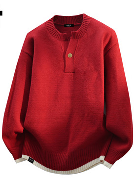 it :5cm/FIVECM圣诞红色亨利领针织毛衣男款2025秋冬宽松百搭休闲