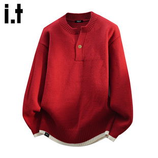 2025秋冬宽松百搭休闲 FIVECM圣诞红色亨利领针织毛衣男款 5cm