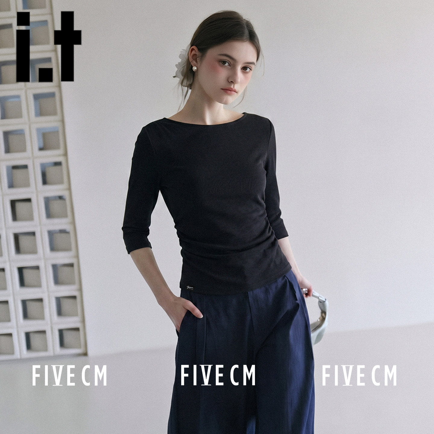 itFIVECM侧边褶皱七分袖T恤女