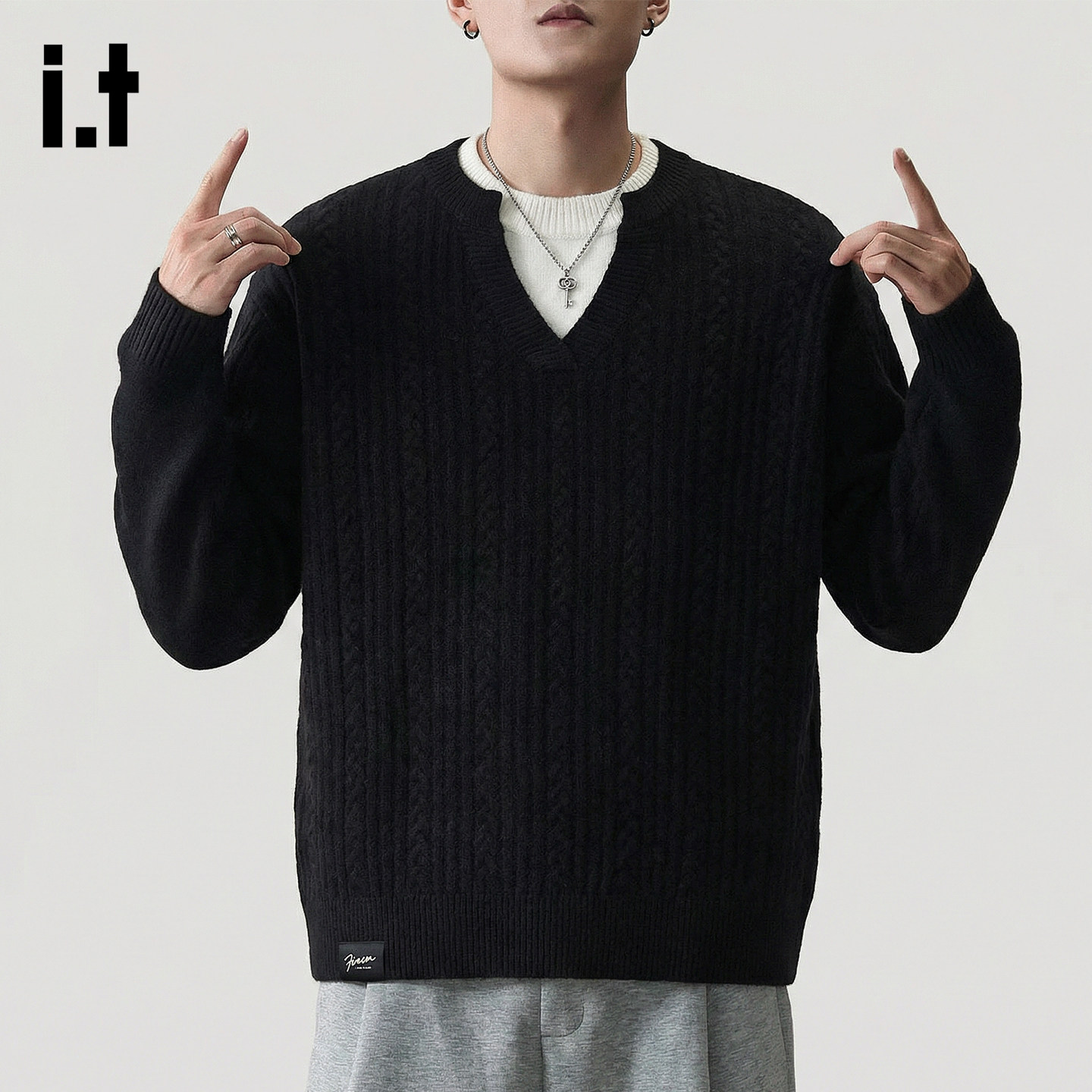 it :5cm/FIVECM宽松休闲针织衫立领立领毛衣男款春季麻花开衫外套