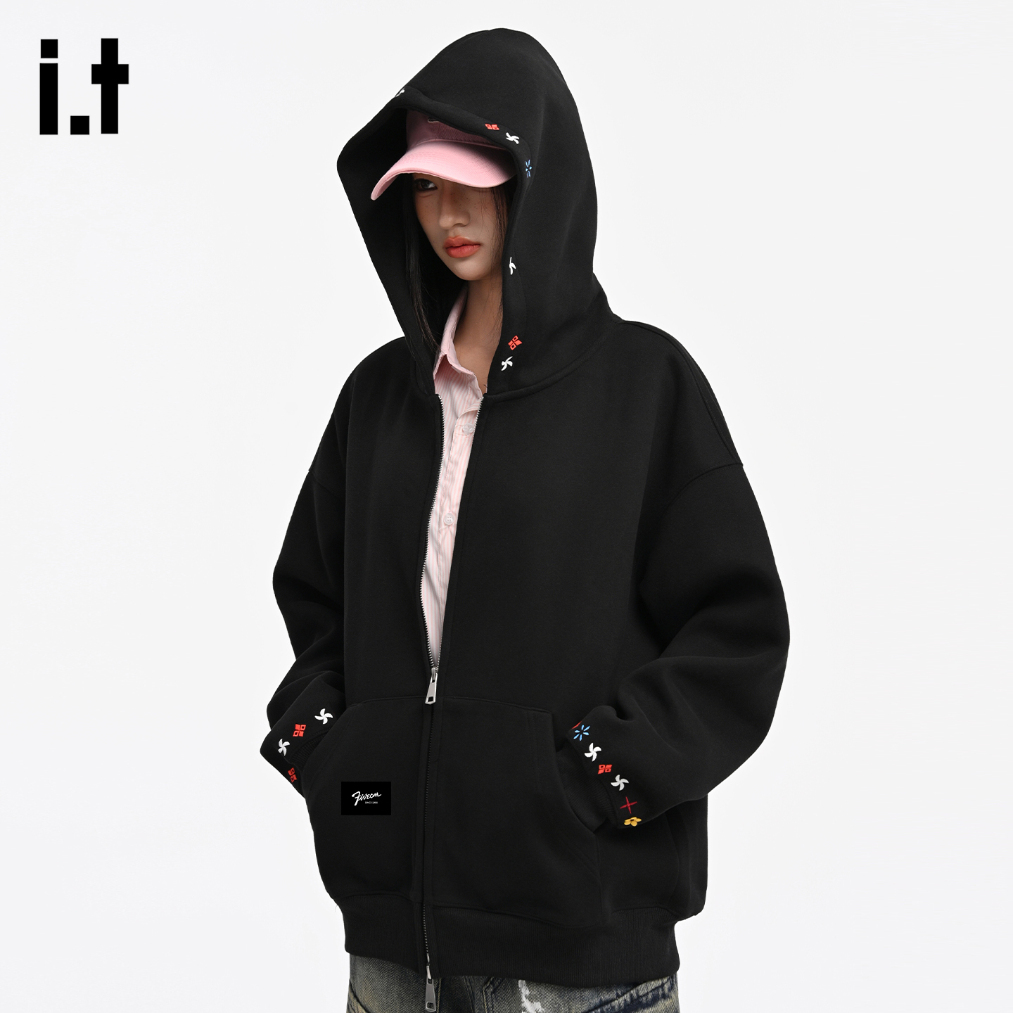 it :5cm/FIVECM连帽卫衣秋冬季休闲外套宽松拉链情侣开衫刺绣男女