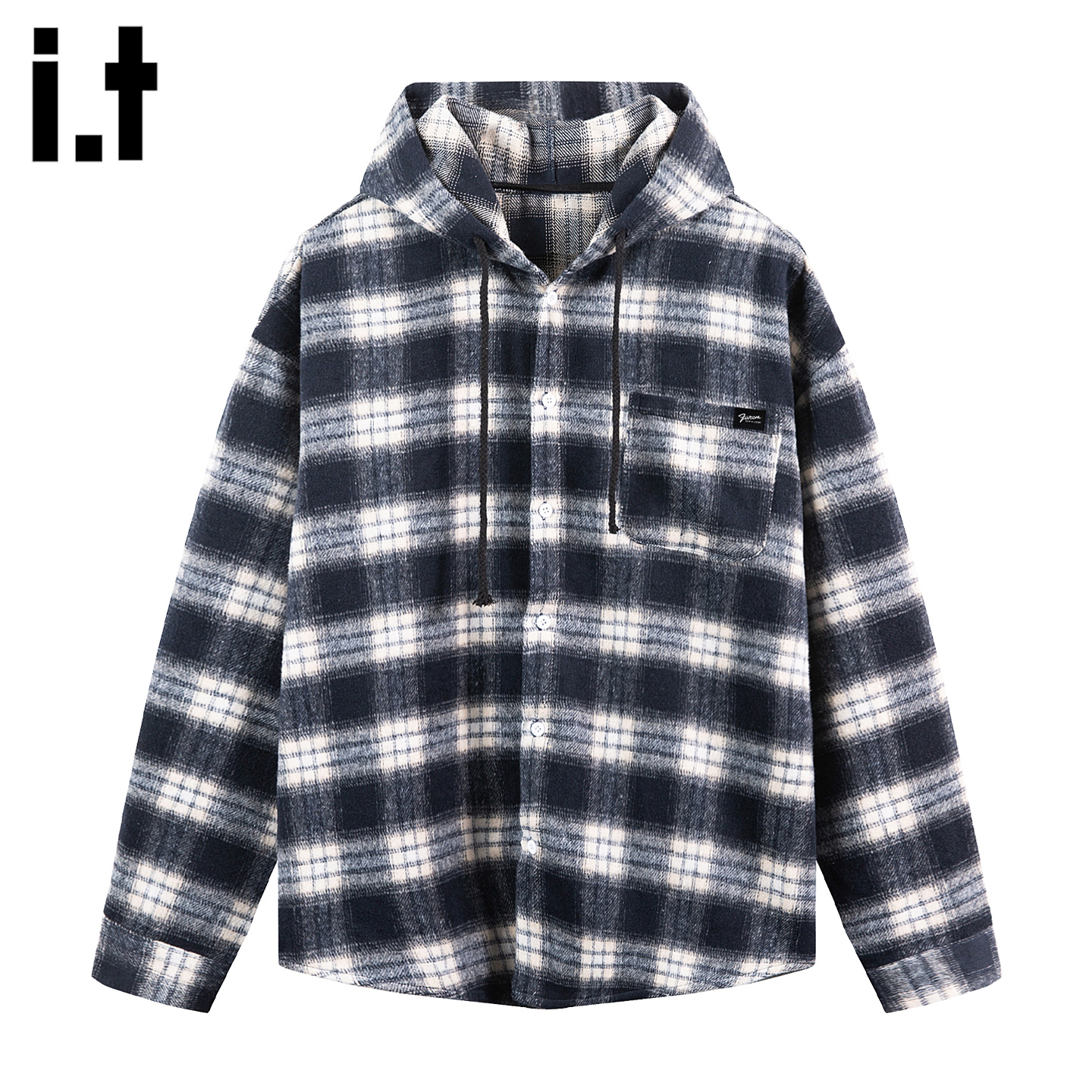 FIVEcm黑白格子连帽长袖衬衫