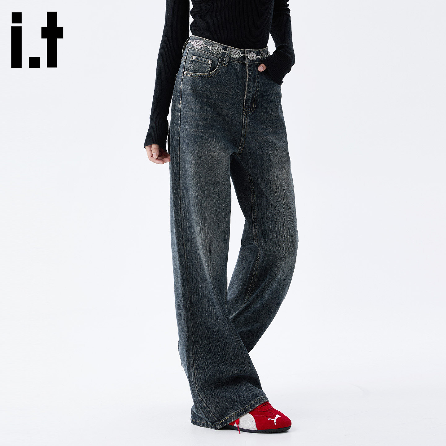 it :5cm/FIVECM时尚深色宽松直筒牛仔裤女2025新款秋窄版阔腿长裤