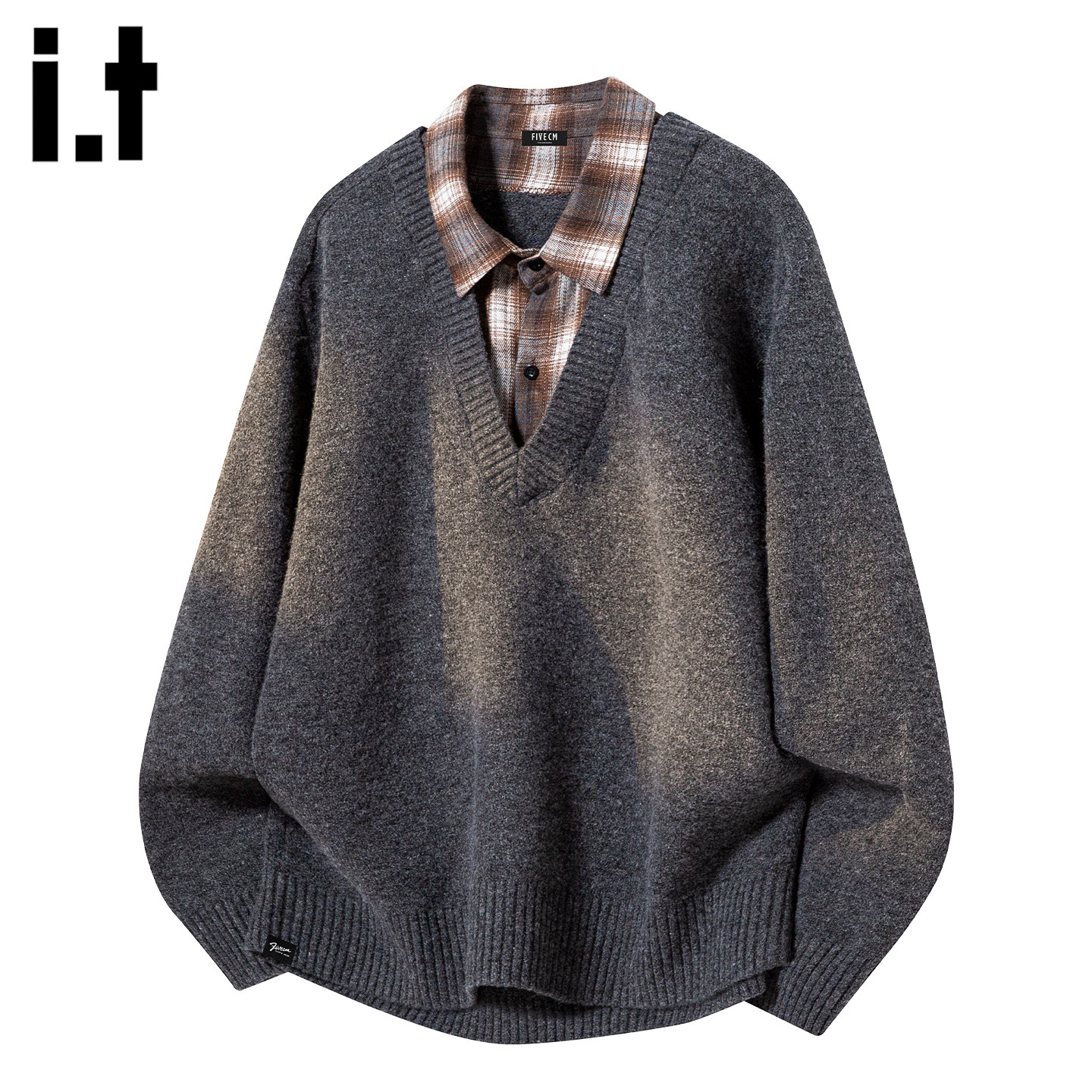 it :5cm/FIVECM格子拼接假两件毛衣男款春季慵懒衬衫领针织衫上衣,男装,针织衫/毛衣,淘宝优惠券,粉丝福利购,淘宝优惠卷