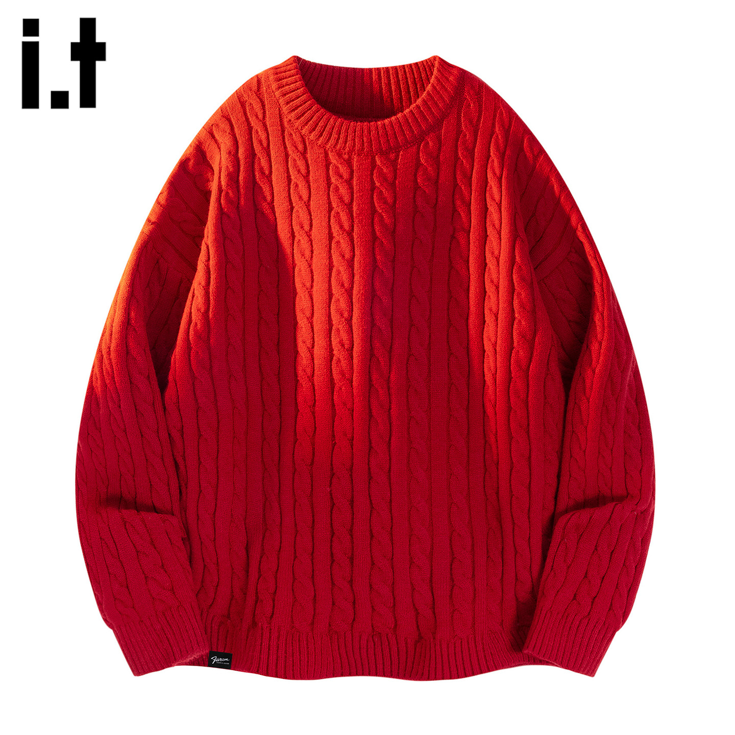 it :5cm/FIVECM男生红色麻花针织圆领毛衣男款2025秋冬季宽松上衣