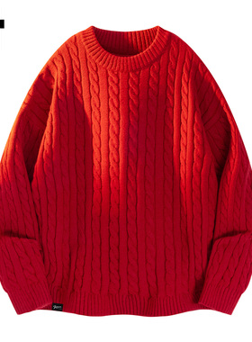 it :5cm/FIVECM男生红色麻花针织圆领毛衣男款2025秋冬季宽松上衣