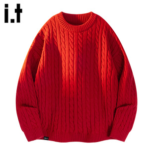 it :5cm/FIVECM男生红色麻花针织圆领毛衣男款2025秋冬季宽松上衣