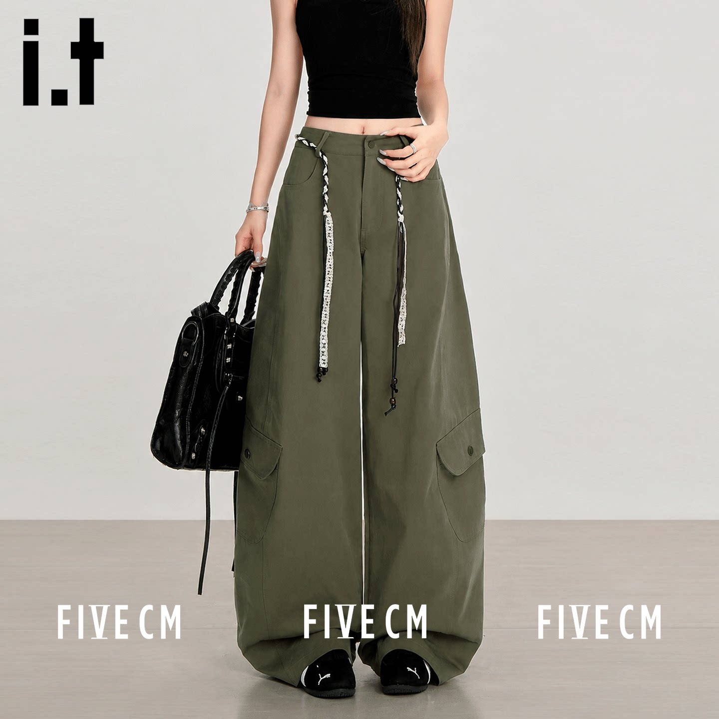 itFIVECM高腰抽绳工装阔腿裤女
