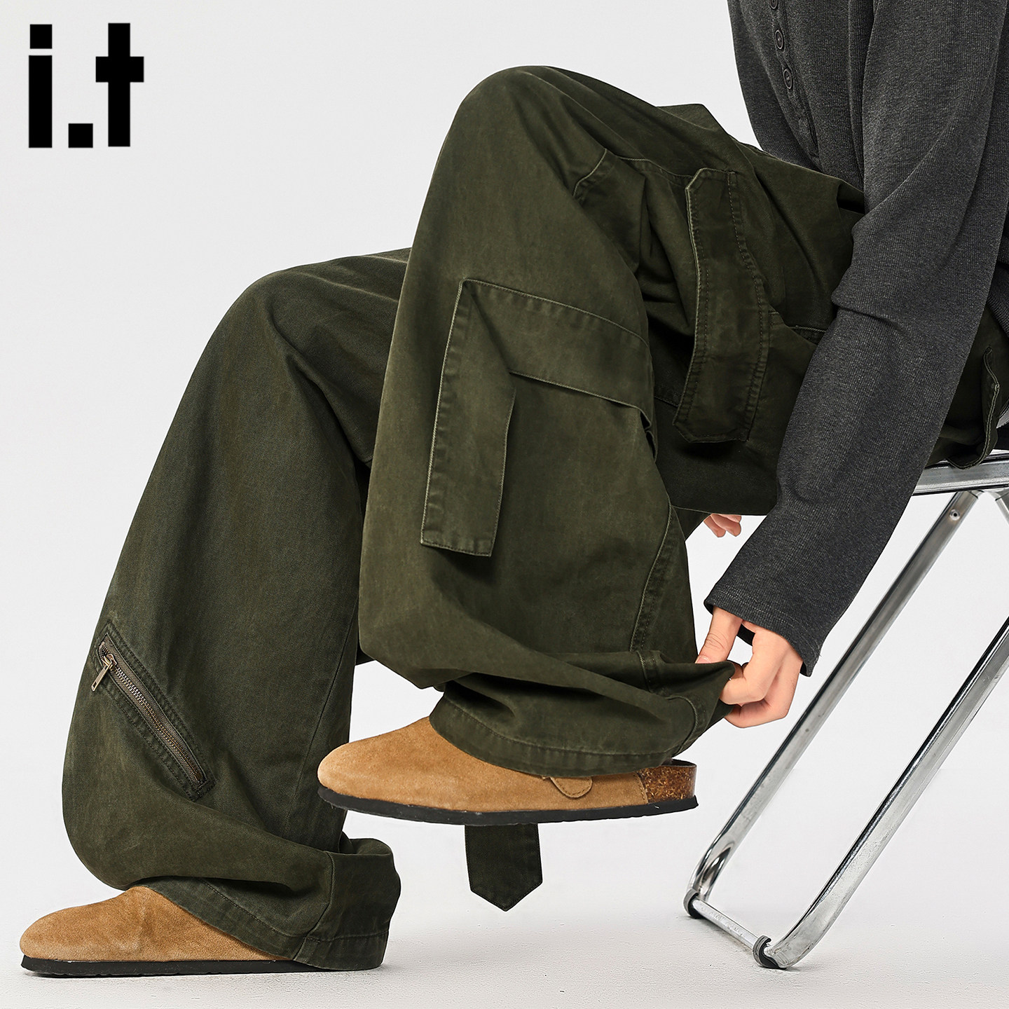 it :5cm/FIVECM设计感工装牛仔长裤男春夏多口袋直筒阔腿休闲裤子