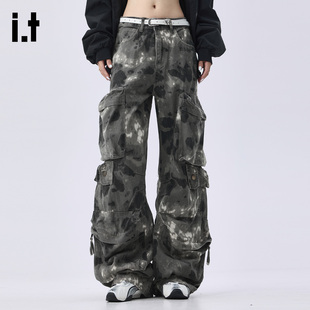 it :5cm/FIVECM时尚高街迷彩宽松工装裤男女2025秋冬拖地阔腿长裤