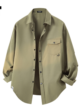 it :5cm/FIVECM时尚绿色翻领工装衬衫男士2025春秋季宽松百搭衬衣