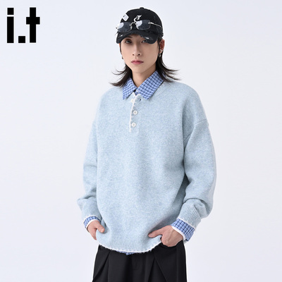 it :5cm/FIVECM蓝色亨利领三粒扣长袖毛衣男士2025新款秋针织上衣