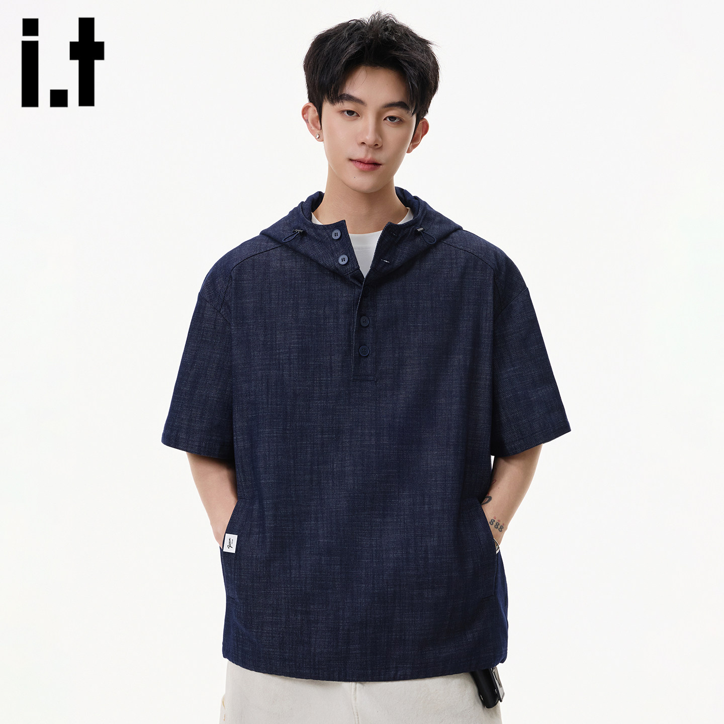 itFIVECM连帽短袖T恤男夏牛仔