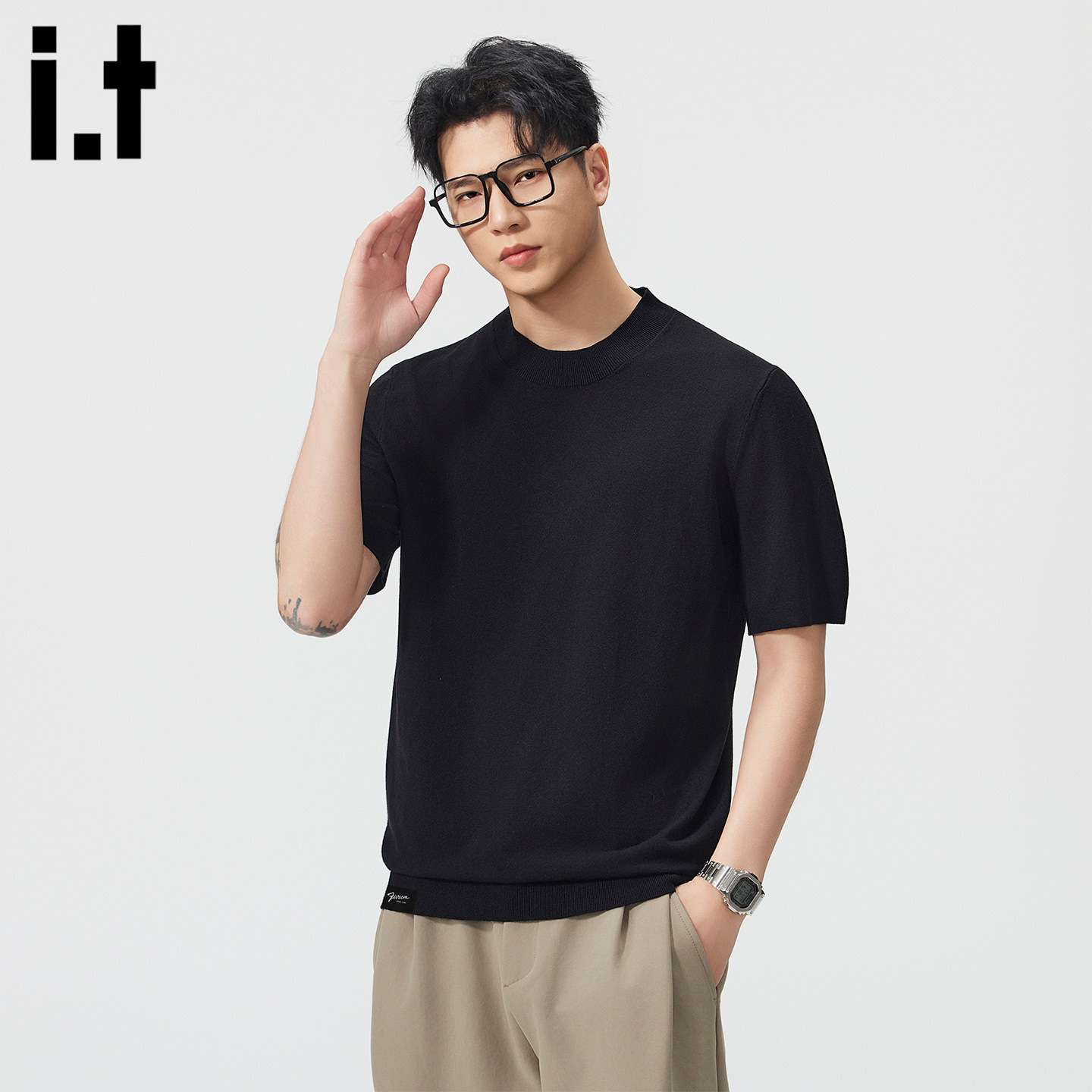 it :5cm/FIVECM夏季短袖T恤男纯色半高领打底修身商务休闲针织衫