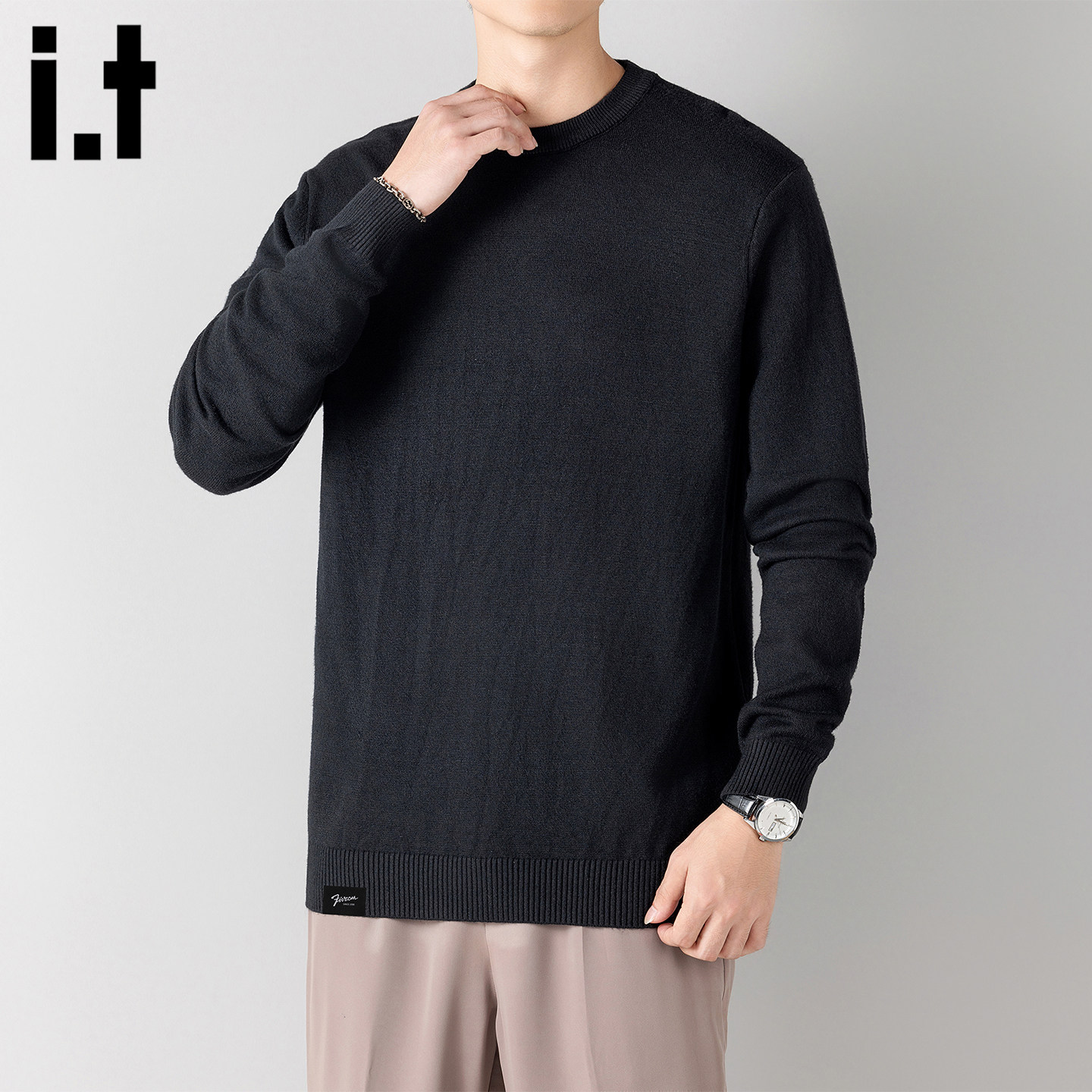 it :5cm/FIVECM黑色薄款圆领男士长袖毛衣2026春男款宽松针织上衣