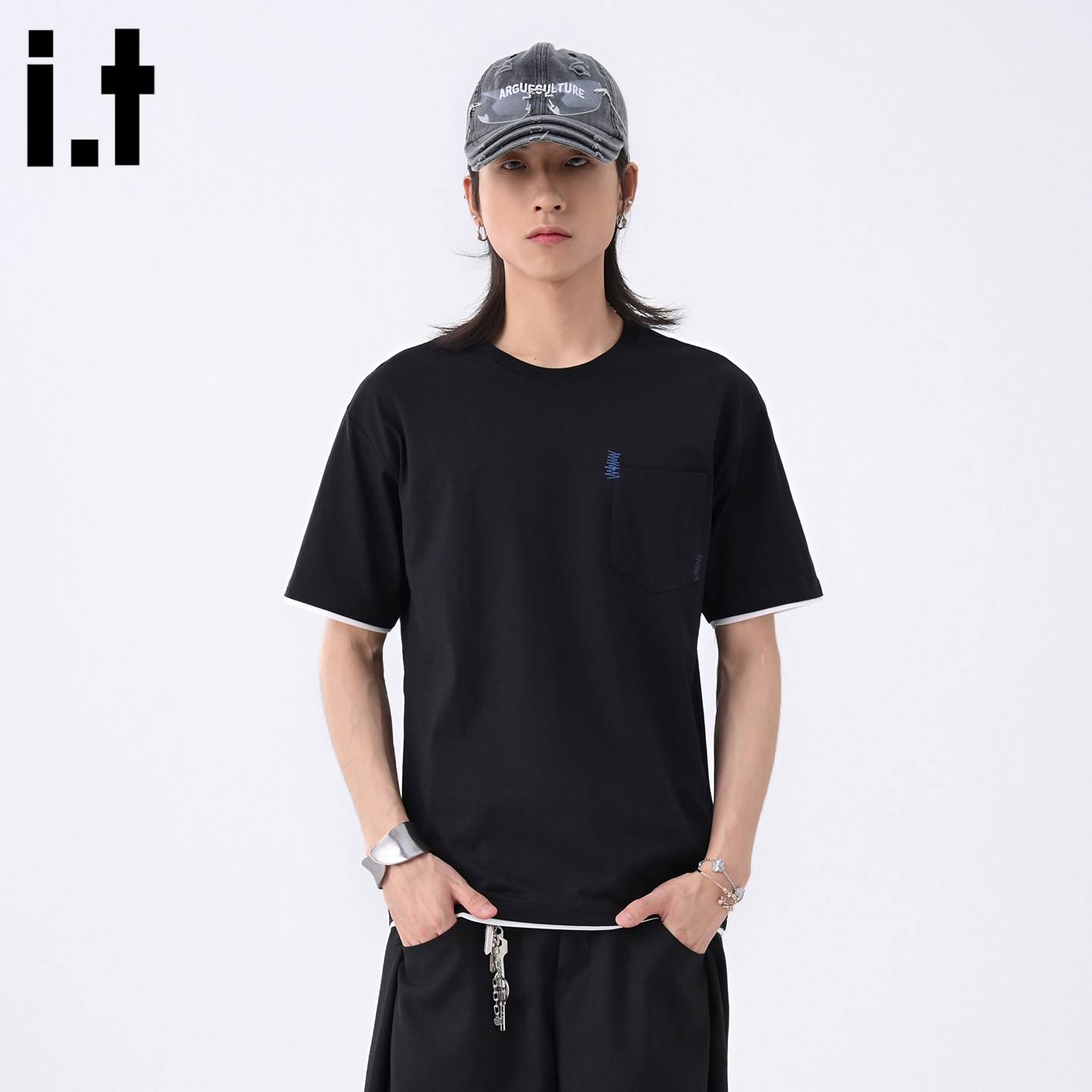 it :5cm/FIVECM黑色高级感圆领短袖正肩t恤男款2026新款夏季上衣