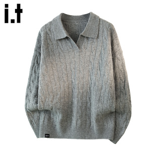 it :5cm/FIVECM灰色麻花翻领针织毛衣男士2025新款秋冬季宽松上衣