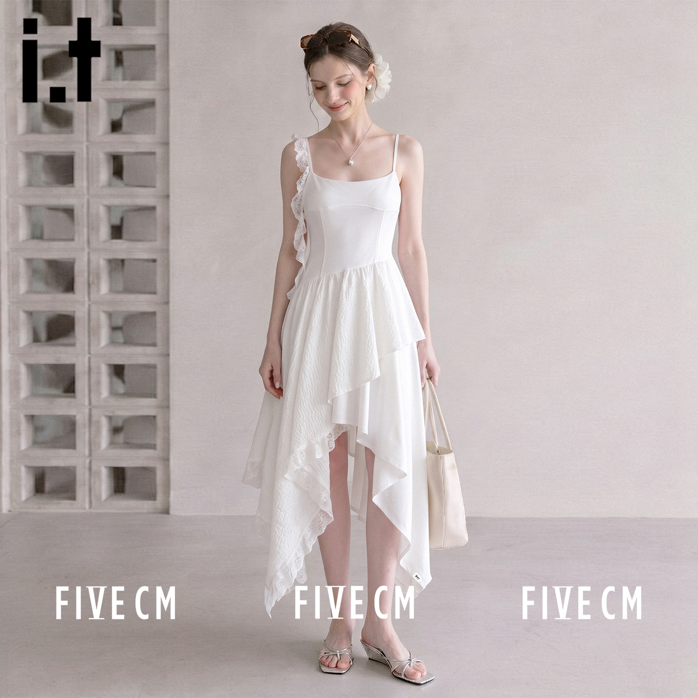 itFIVECM法式斜肩蕾丝吊带裙女