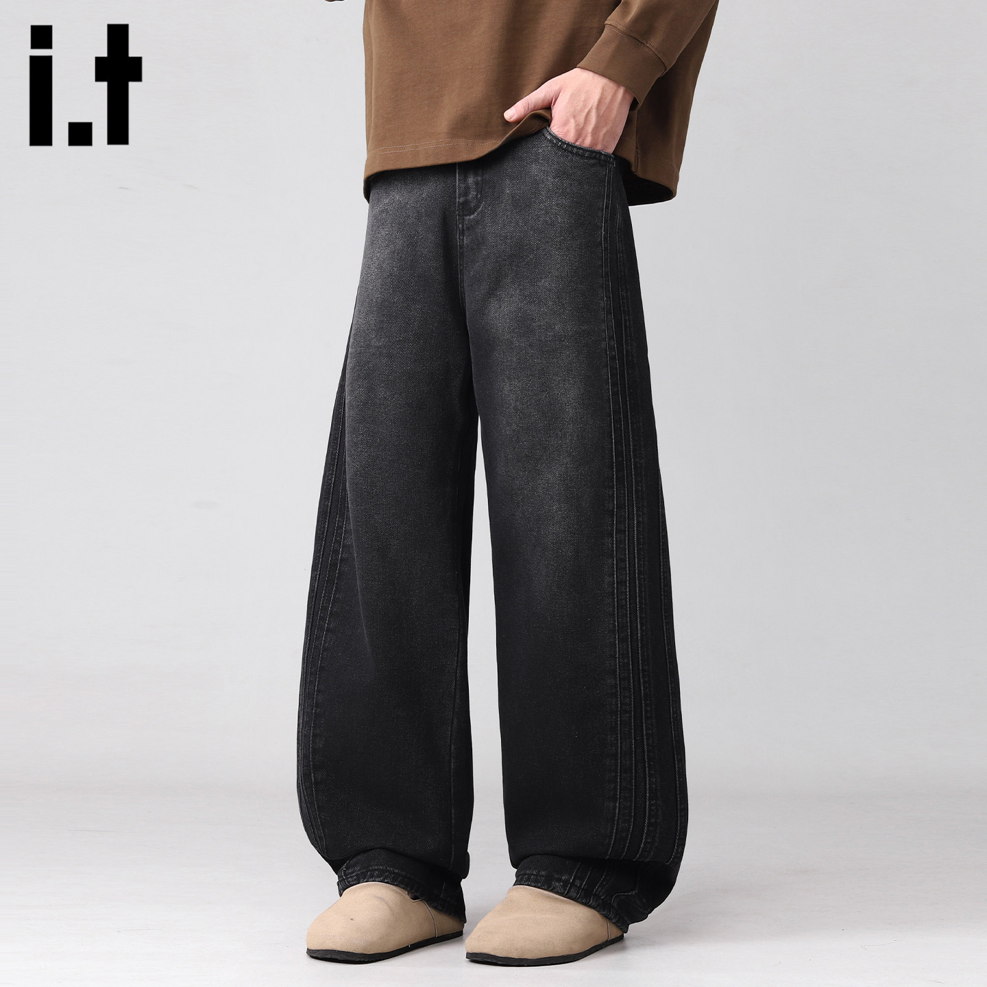 it :5cm/FIVECM牛仔长裤做旧水洗裤子牛仔裤男显瘦美式复古阔腿裤