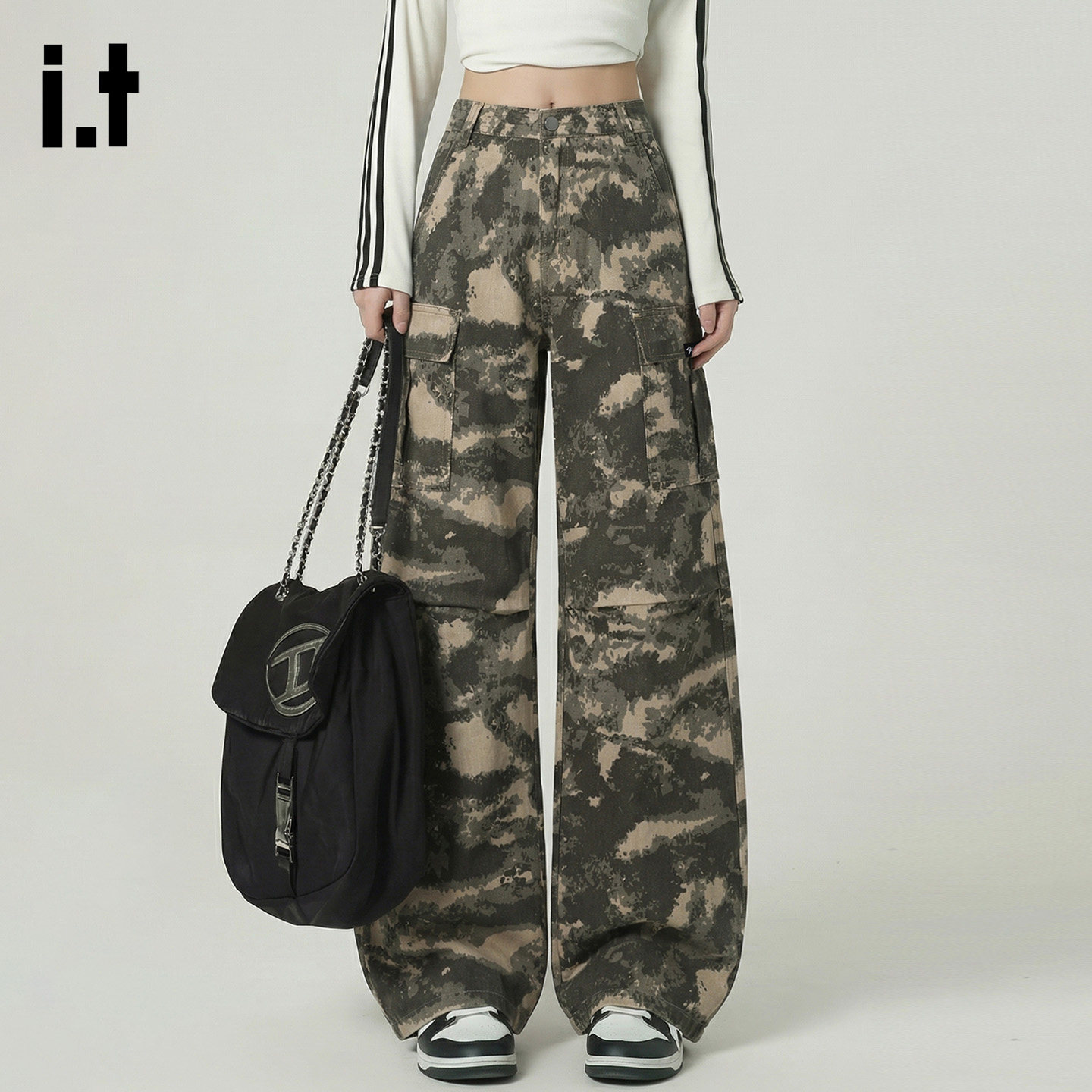 it :5cm/FIVECM复古拼接水洗休闲裤女春季宽松迷彩直筒阔腿裤子潮,女装/女士精品,牛仔裤,淘宝优惠券,粉丝福利购,淘宝优惠卷