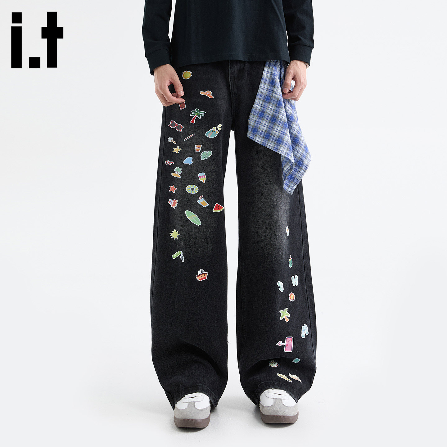 it :5cm/FIVECM黑色贴纸印花阔腿牛仔裤男女2025秋季宽松直筒长裤,男装,牛仔裤,淘宝优惠券,粉丝福利购,淘宝优惠卷