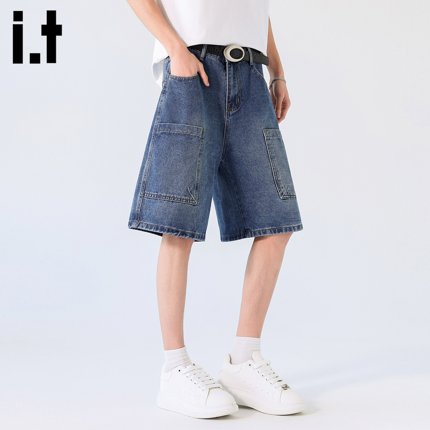 it :5cm/FIVECM设计感工装牛仔五分裤男士夏季直筒百搭休闲短裤子