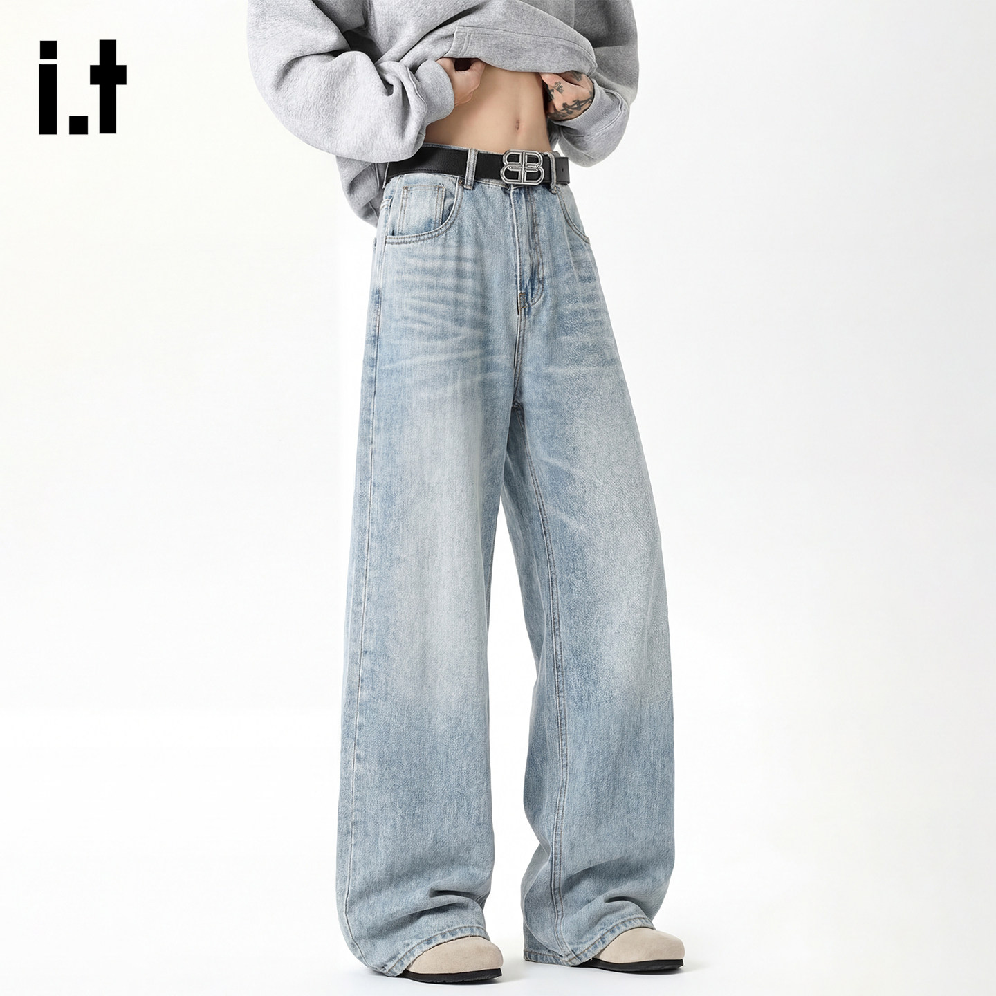 it :5cm/FIVECM美式复古高街水洗直筒牛仔裤男垂感拖地裤休闲微喇