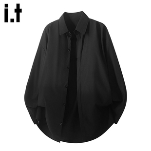 男士 衬衫 FIVECM黑色垂感翻领长袖 2025春秋宽松高级感上衣 5cm