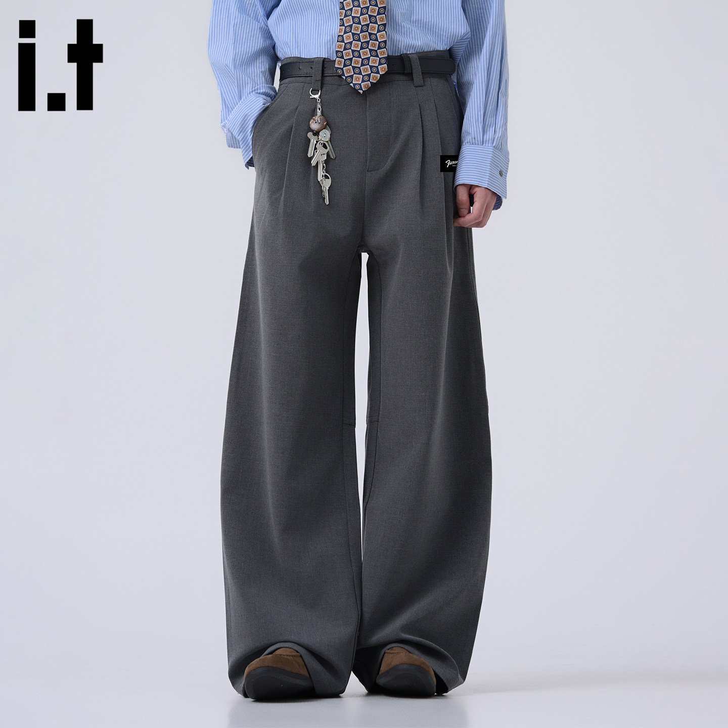 it :5cm/FIVECM灰色垂坠感拼接休闲西装裤男士2025秋季阔腿裤长裤