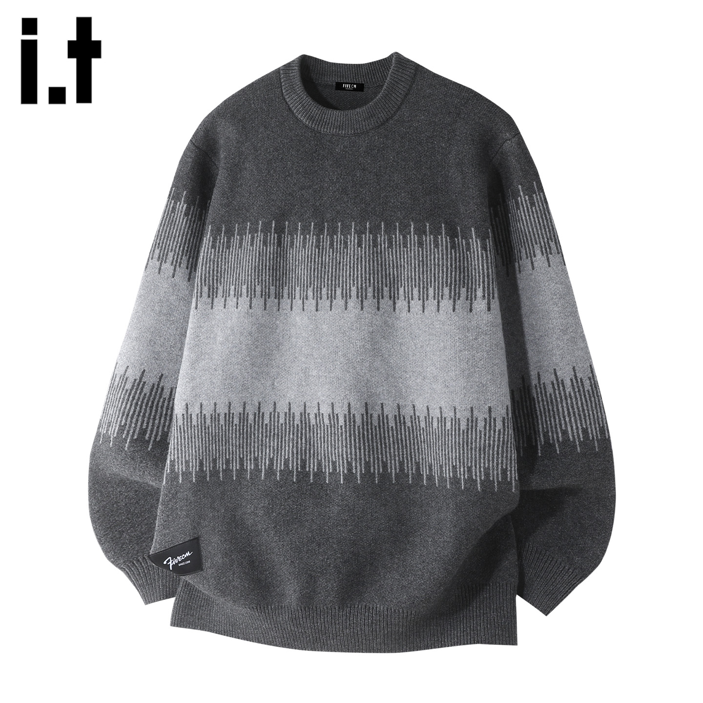 IT5cm渐变撞色条纹圆领套头毛衣