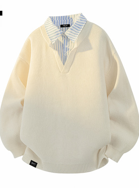 it :5cm/FIVECM青年假两件衬衫领毛衣男款2025秋冬宽松针织衫上衣