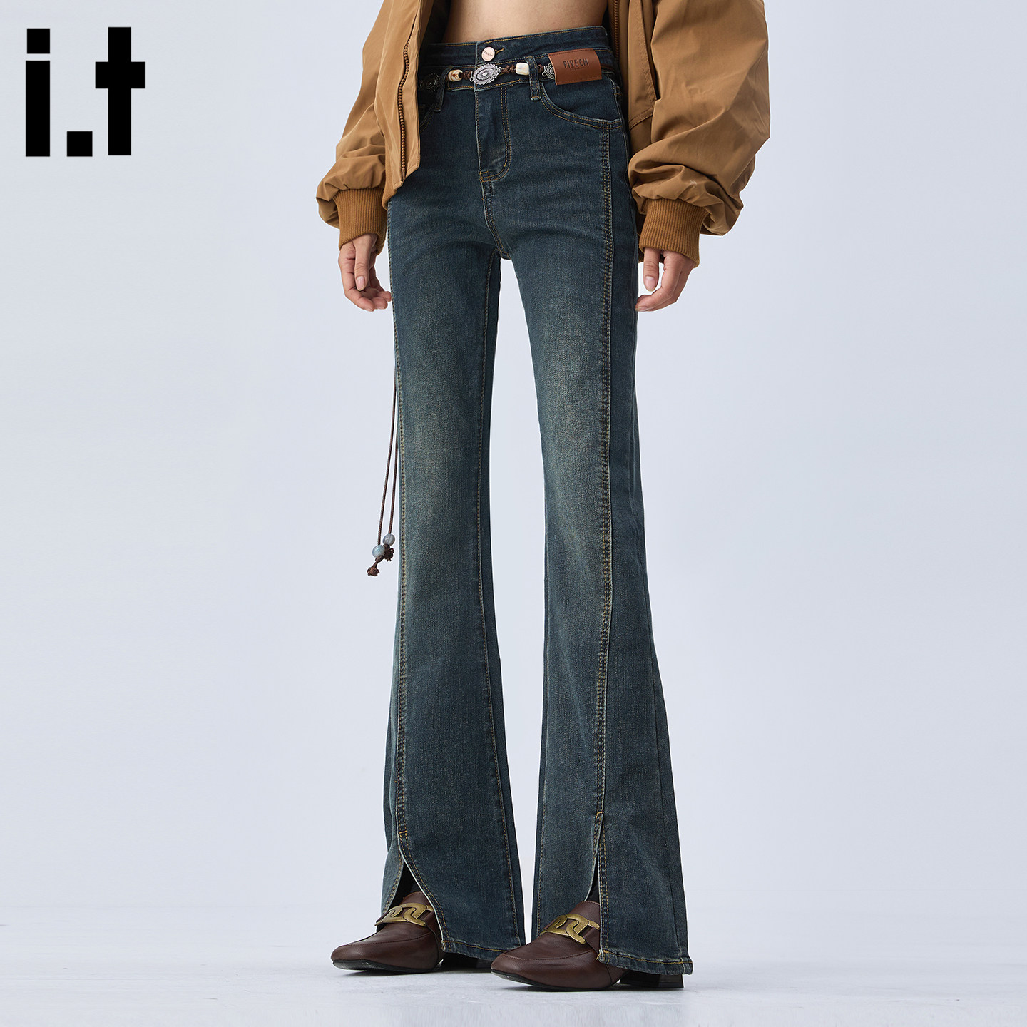 it :5cm/FIVECM弹力开叉微喇牛仔裤女春季新款修身显瘦设计感长裤