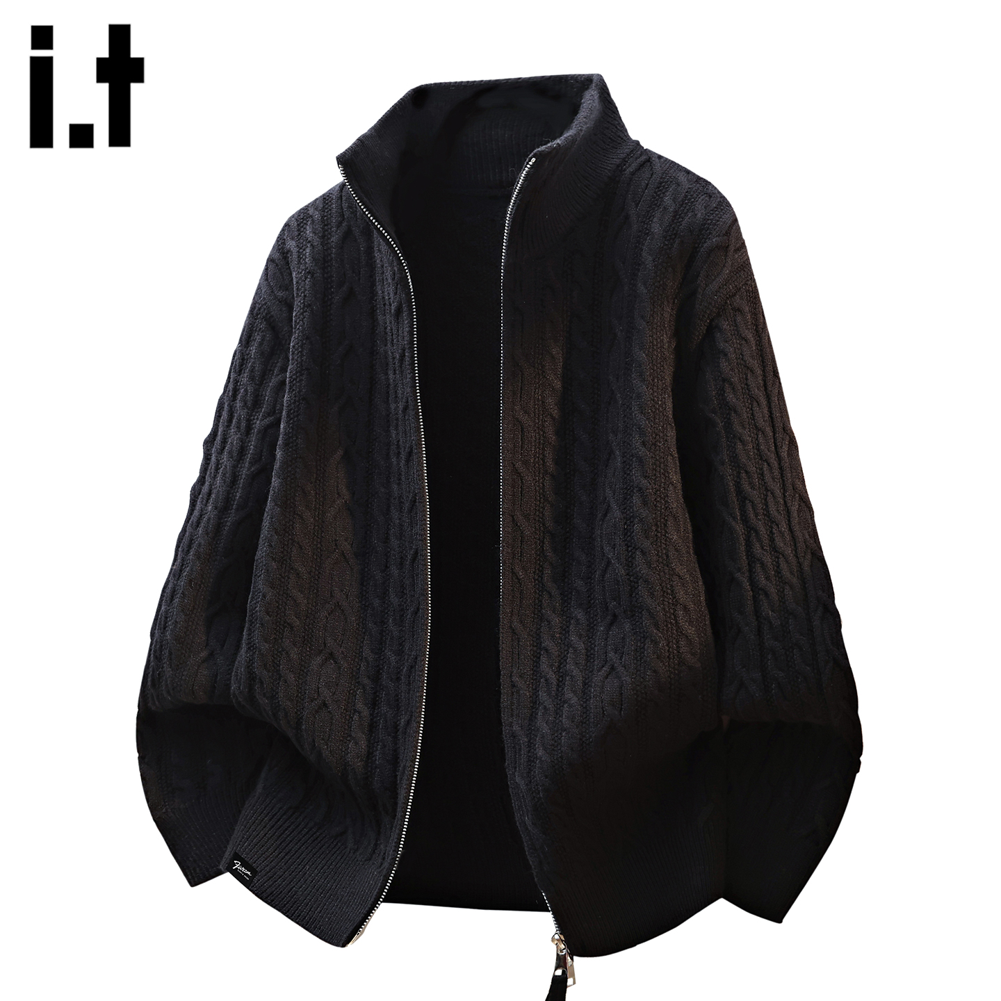 FIVEcm黑色拉链开衫男士毛衣
